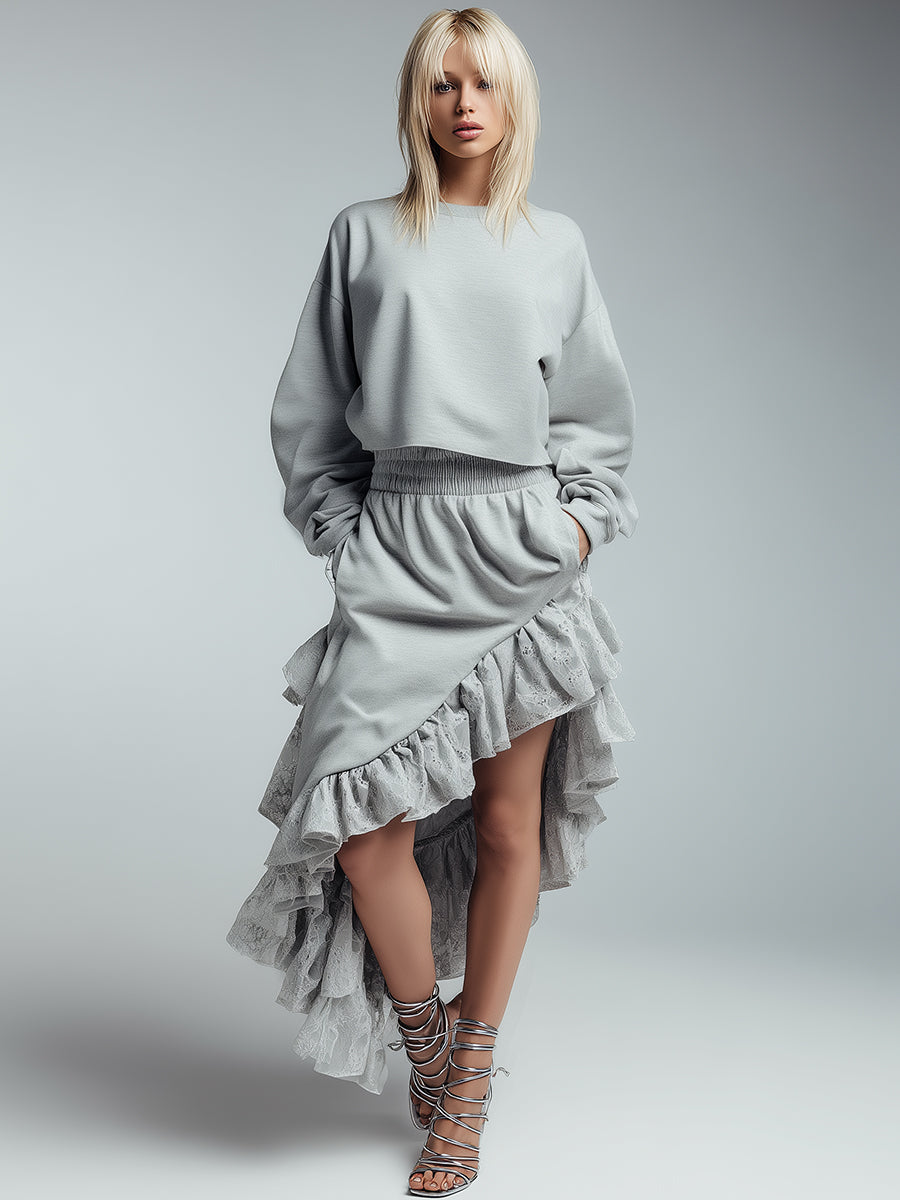 Casual And Stylish Loose-fitting Light Gray Sweatshirt With Ruffled Trim And Irregular Skirt Set