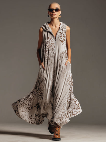 Western Retro Leopard Print Gray Velvet Hooded Maxi Dress