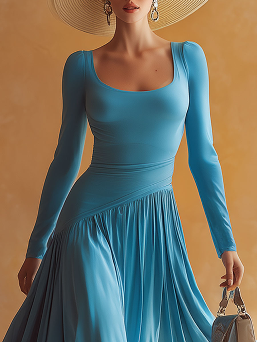 Retro Casual Blue Cotton Patchwork Chiffon Maxi Dress