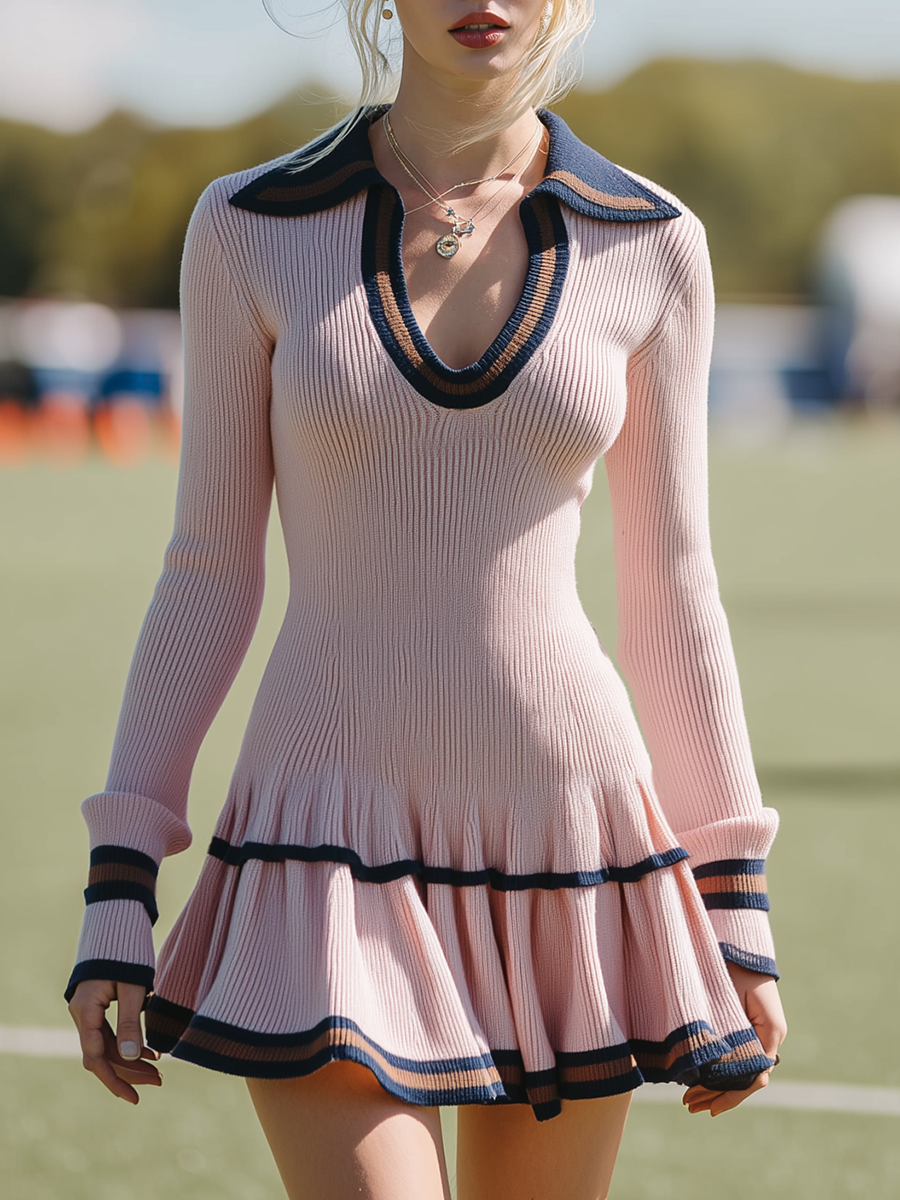 Elegant Sporty Flared Hem Pink Knit Mini Dress