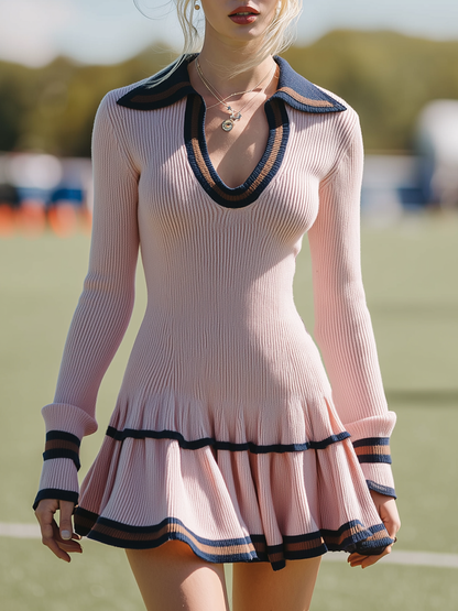 Elegant Sporty Flared Hem Pink Knit Mini Dress