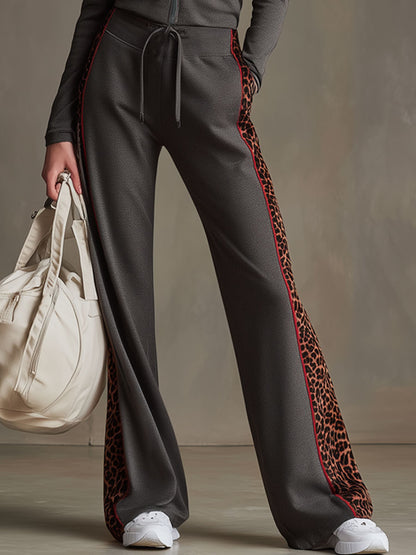 Sporty Retro Velvet Leopard Print Dark Gray Hooded Sweatshirt And Pants Set