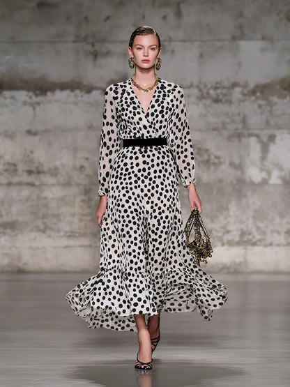 Retro Classic Black And White Polka Dot V-neck Maxi Dress