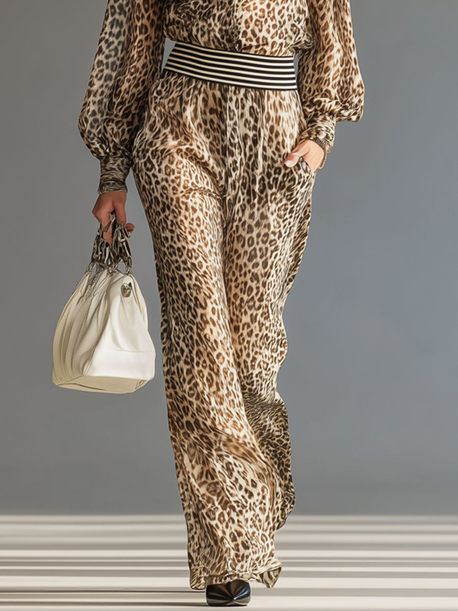 Leopard Print Collared Long-sleeved Shirt And Wide-leg Trousers Set