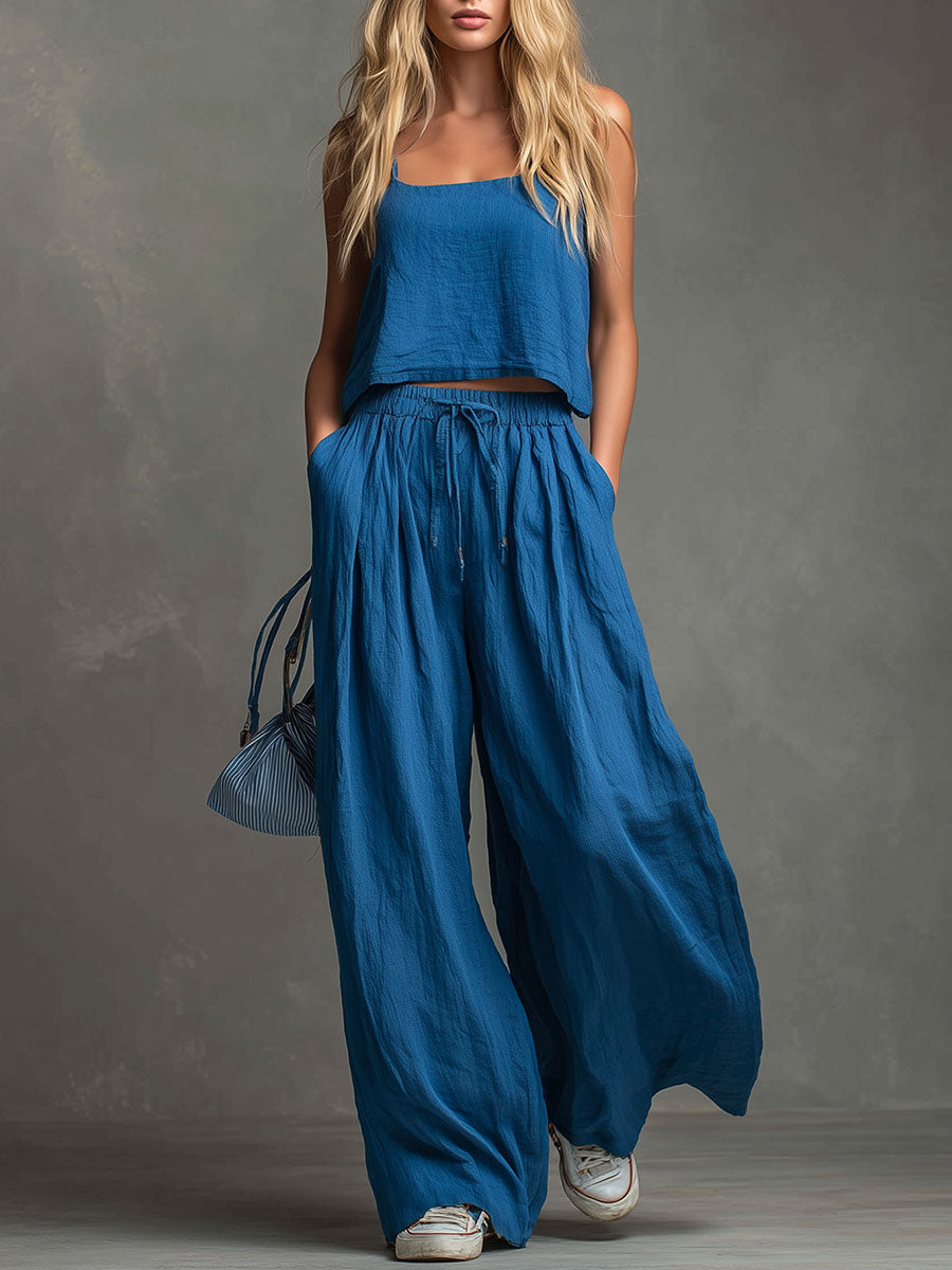 Casual And Stylish Blue Cotton Linen Camisole And Pants Set