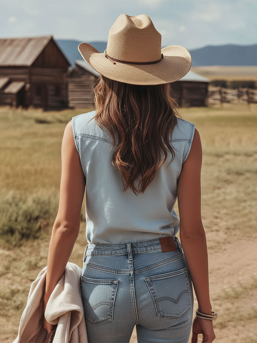 Western Retro Embroidered Blue Sleeveless Denim Shirt