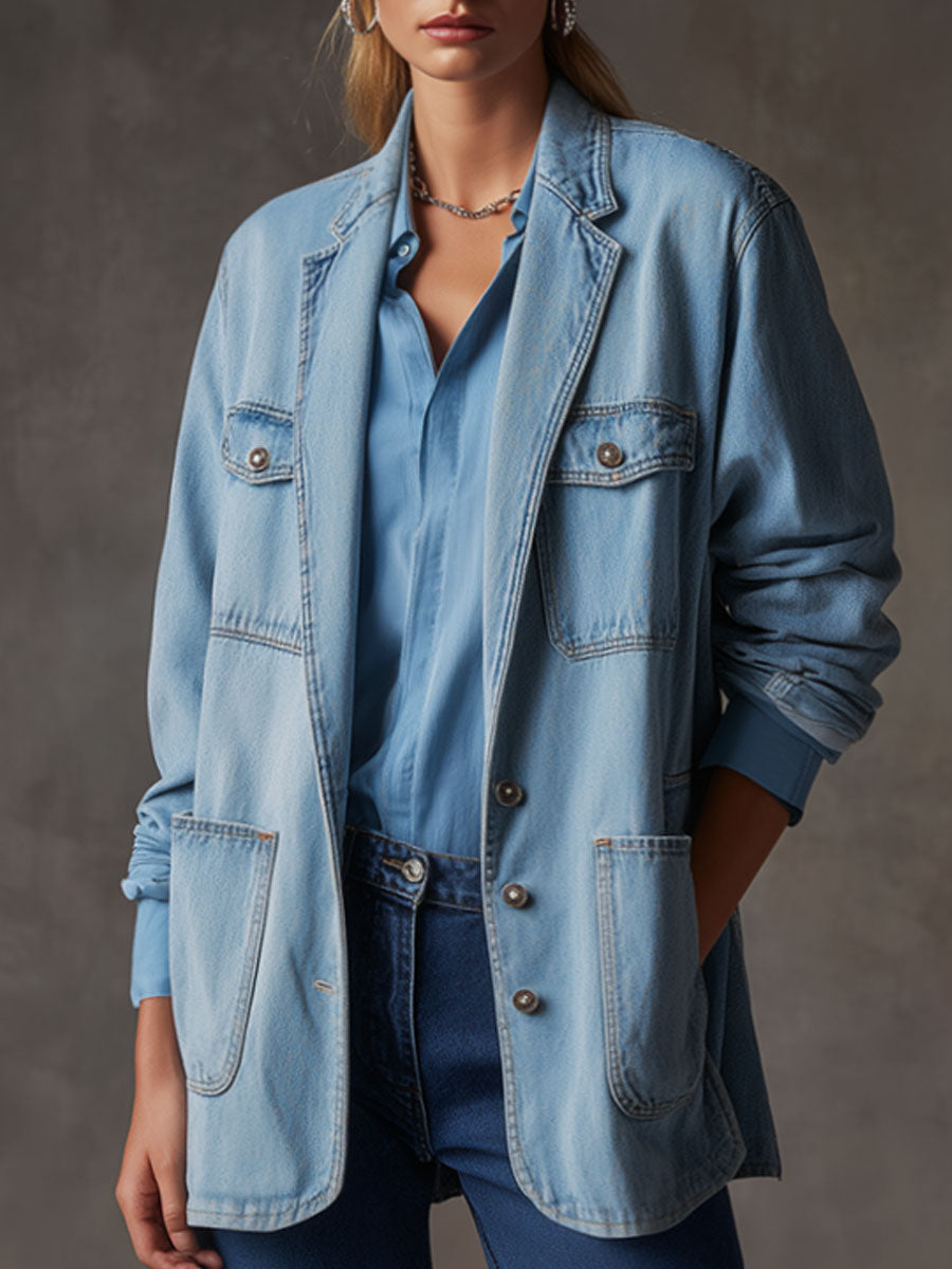 Casual Retro Multi-pocket Light Blue Denim Blazer
