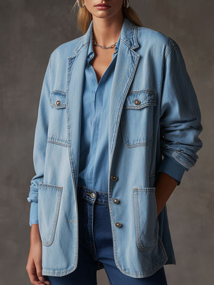 Casual Retro Multi-pocket Light Blue Denim Blazer