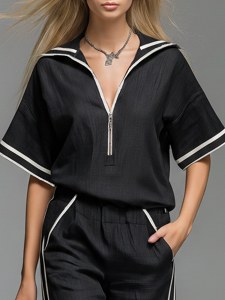 Casual And Comfortable Lapel Collar Zip-up Batwing Short-sleeved Top And Trousers Set