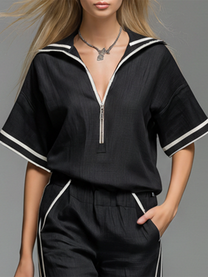 Casual And Comfortable Lapel Collar Zip-up Batwing Short-sleeved Top And Trousers Set
