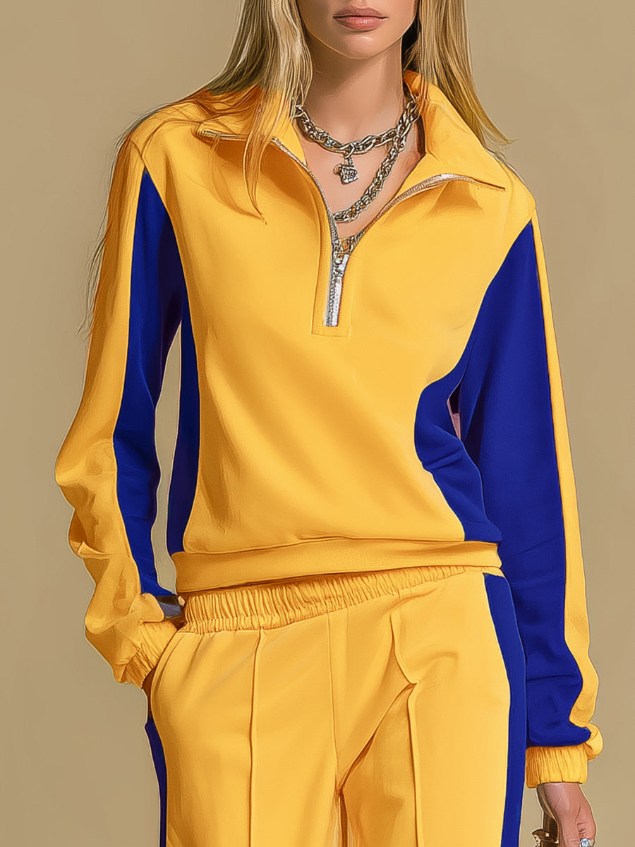 Retro Sporty Color-blocked Long-sleeved Sweatshirt And Wide-leg Pants Set