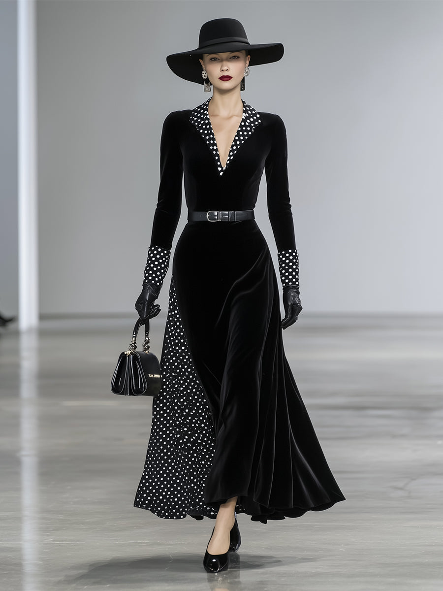 Elegant Black Velvet Patchwork Polka Dot Maxi Dress