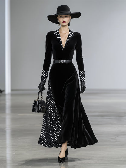 Elegant Black Velvet Patchwork Polka Dot Maxi Dress