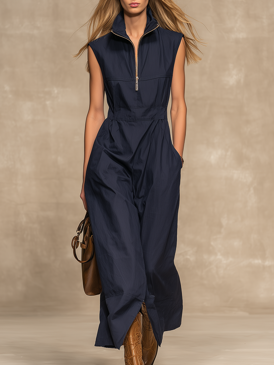 Retro Casual Zipper Stand Collar Sleeveless Midi Dress