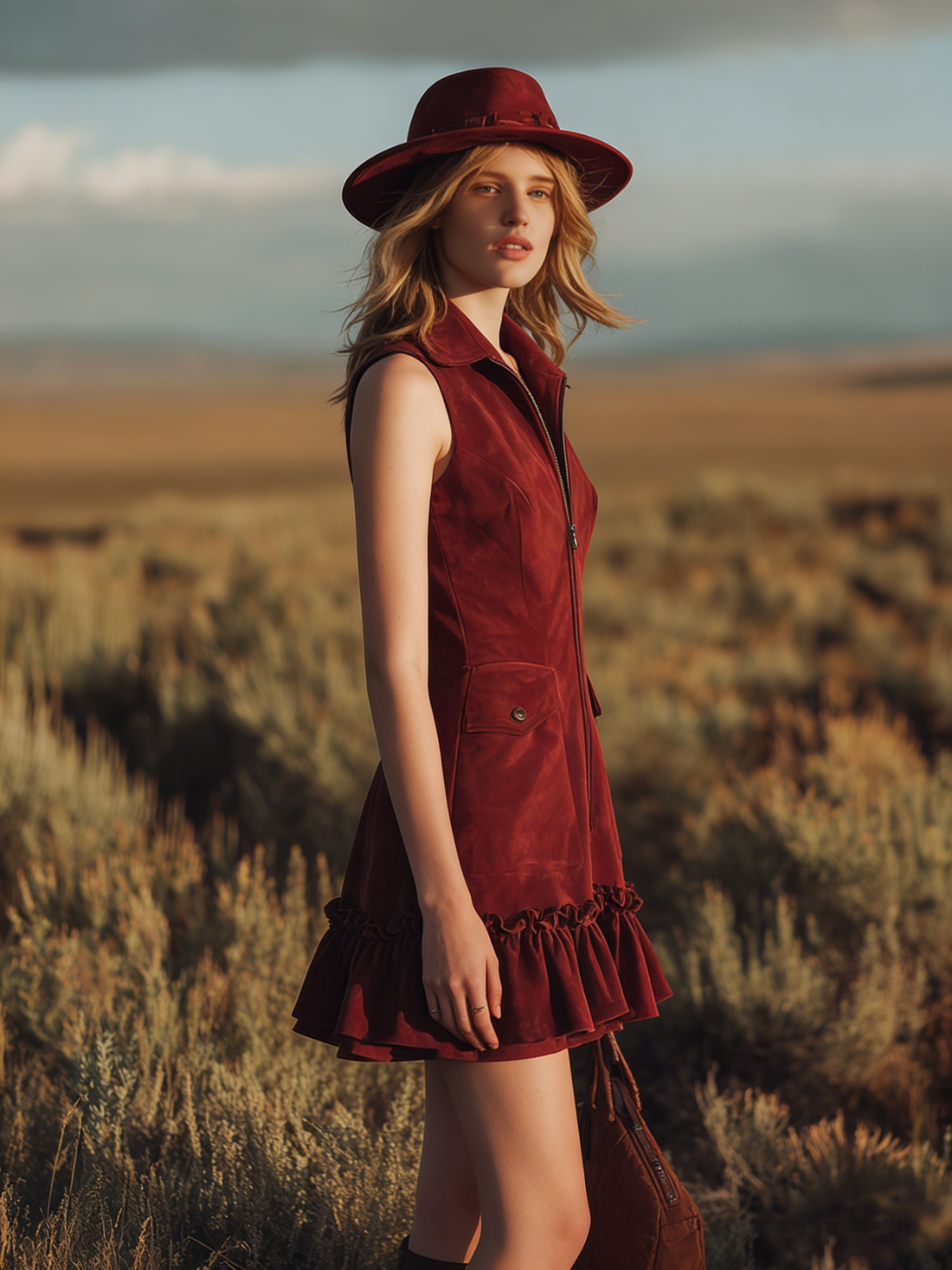 Retro-style Collared Sleeveless Ruffled Zipper Faux Suede Mini Dress