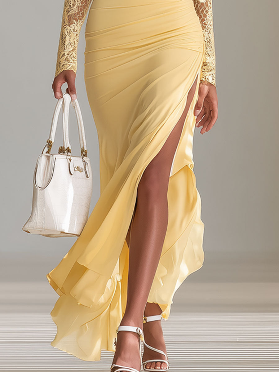 Elegant V-neck Lace-trimmed Long-sleeved Maxi Dress