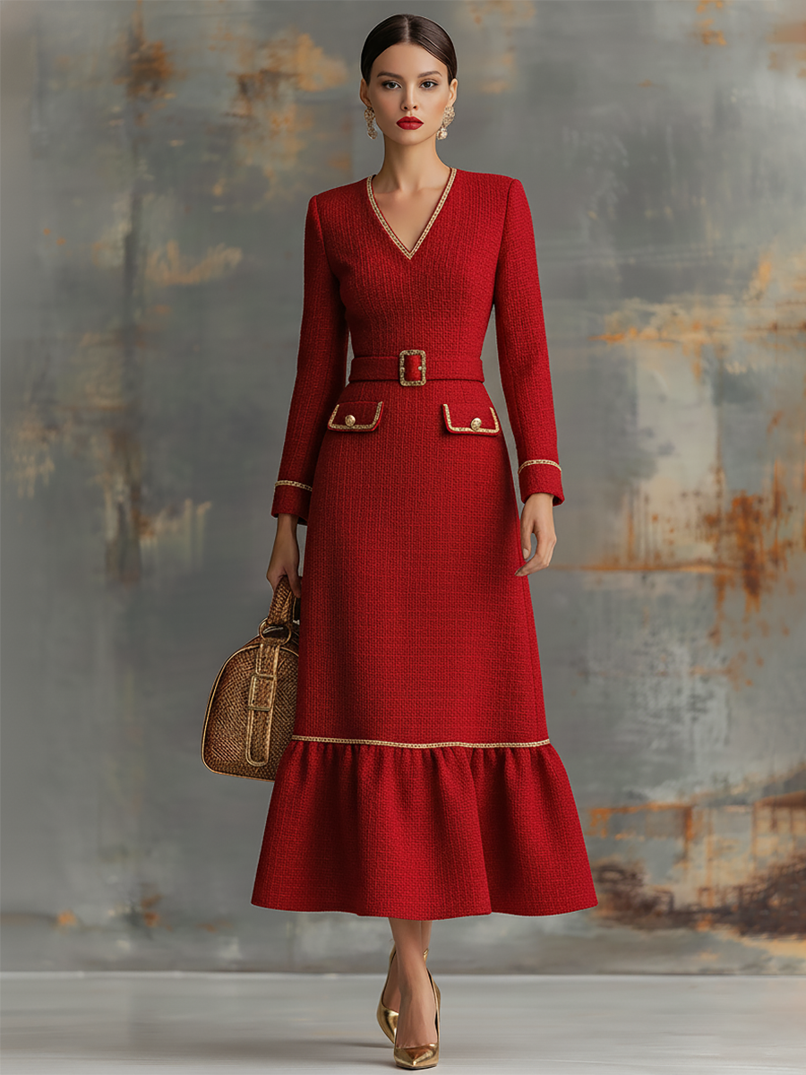 Vintage Gold-trimmed V-neck Tweed Maxi Dress