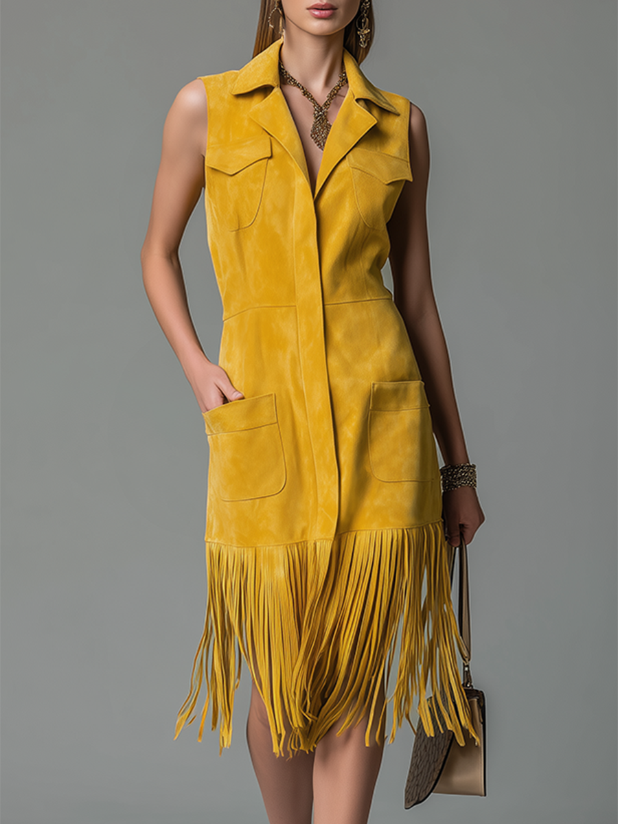 Fashionable Retro Lapel Zipper Closure Faux Suede Midi Dress