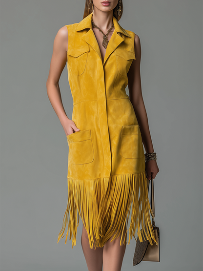 Fashionable Retro Lapel Zipper Closure Faux Suede Midi Dress