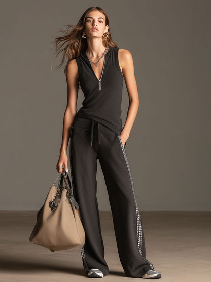 Sporty Retro Dark Gray Half-zip Sleeveless Top And Wide-leg Pants Set