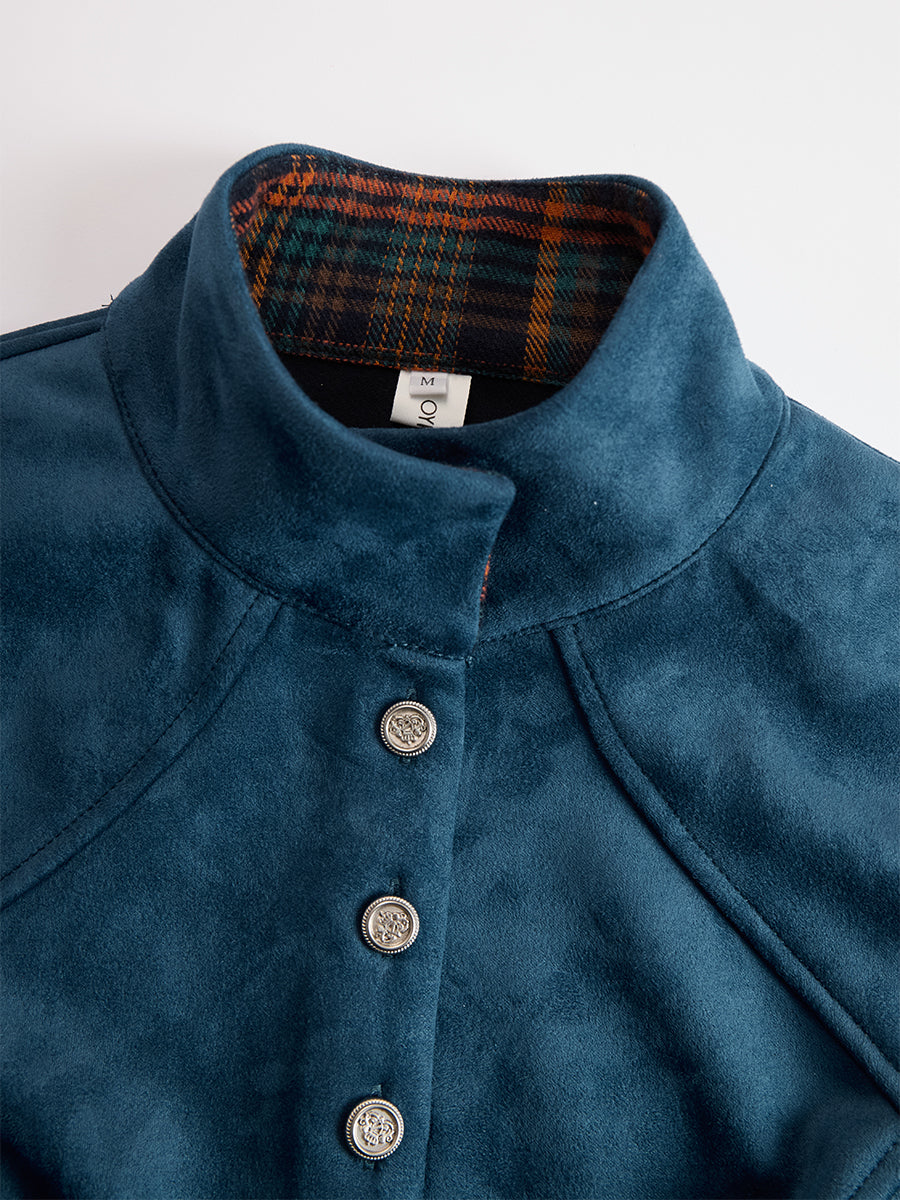 Retro Ethnic Style Belt Blue Faux Suede Plaid Maxi Dress