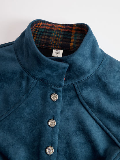 Retro Ethnic Style Belt Blue Faux Suede Plaid Maxi Dress