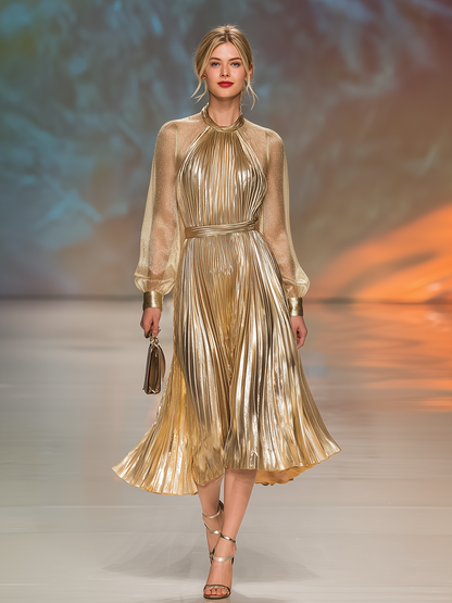 Elegant Stylish Round Neck Pleated Midi Dress