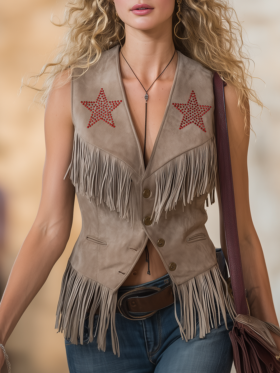 Western Style Star-studded Rhinestone Fringed Faux Suede Vest