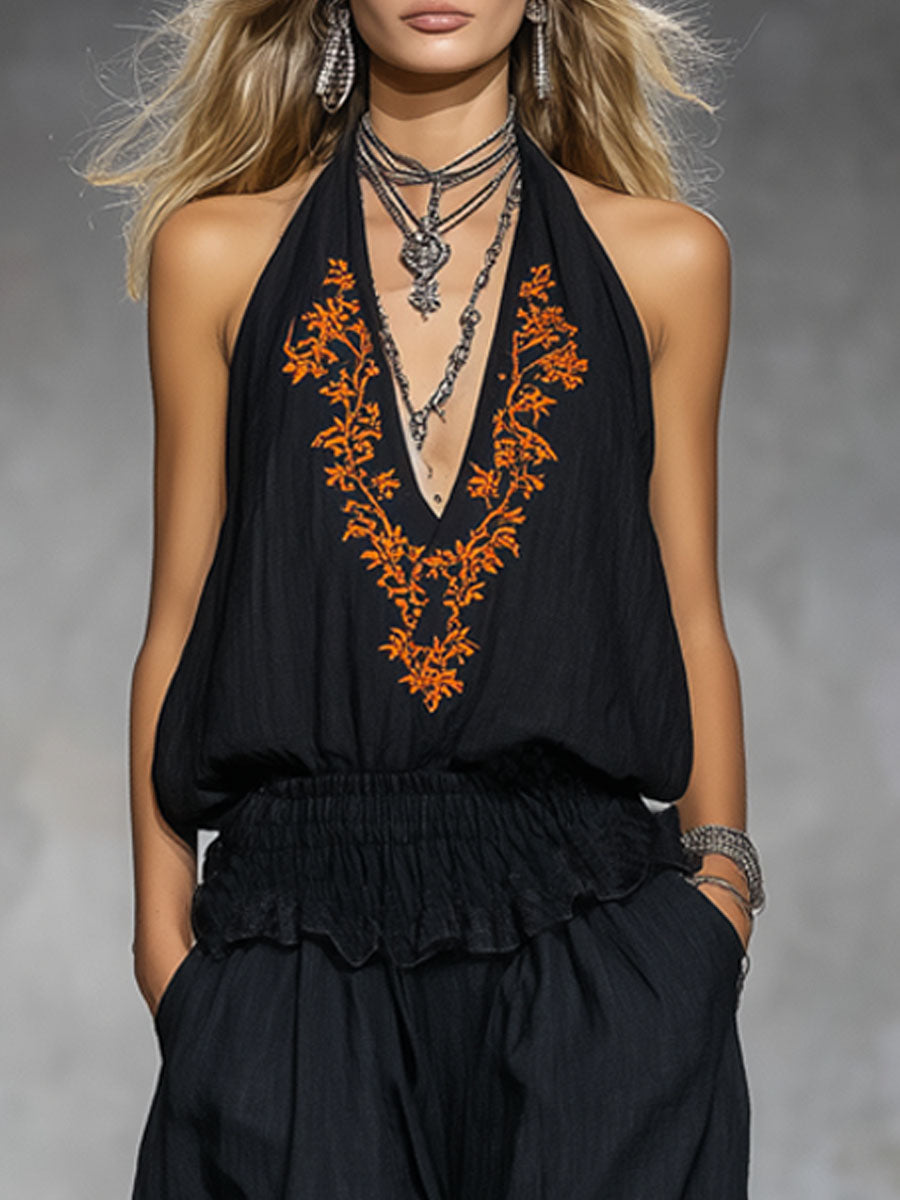 V-neck Vintage Floral Embroidered Sleeveless Cotton Top And Pants Set