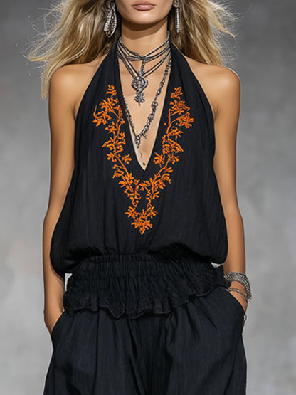 V-neck Vintage Floral Embroidered Sleeveless Cotton Top And Pants Set