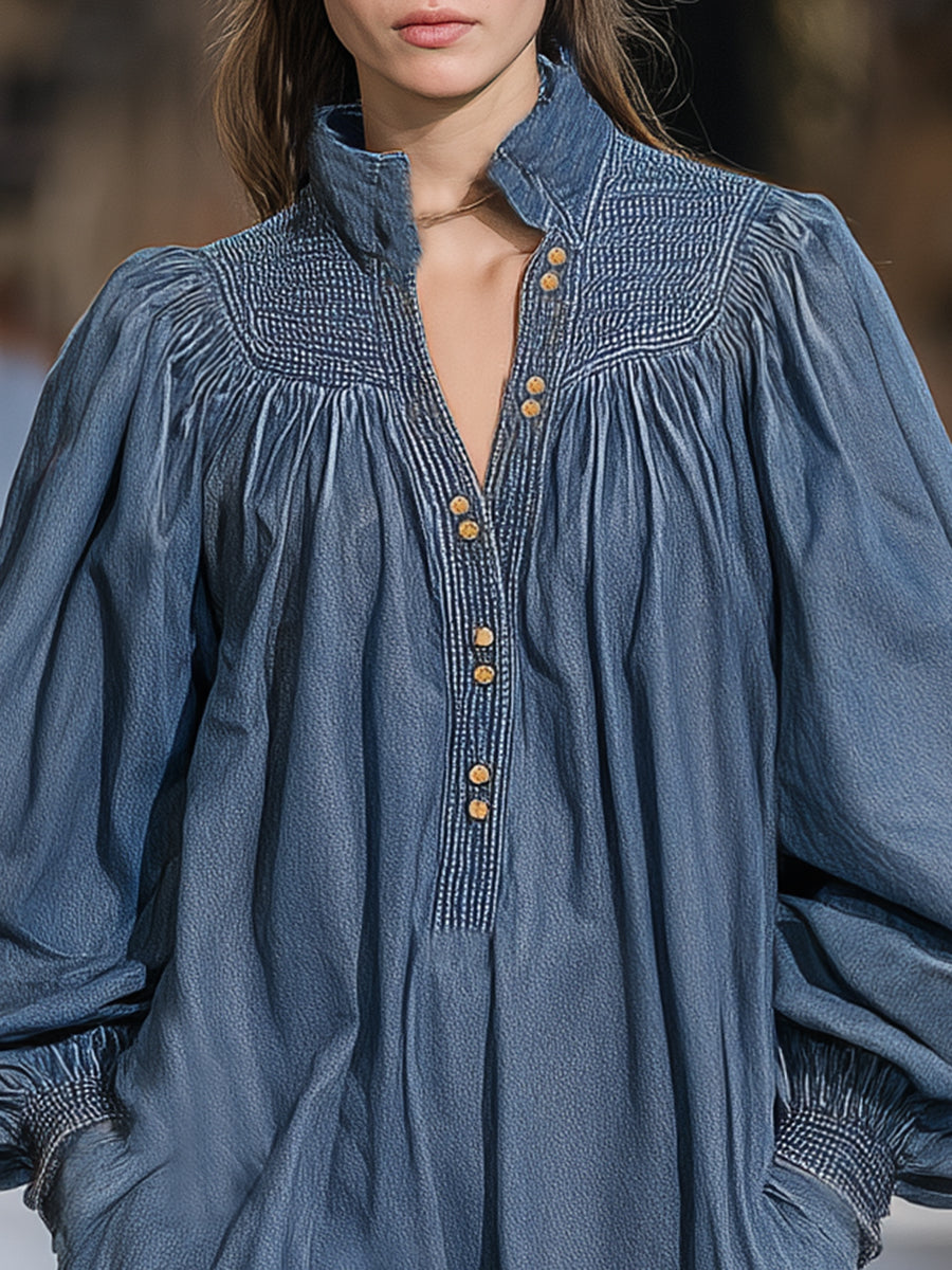 Fashionable Retro Stand-up Collar Denim Loose Mini Dress