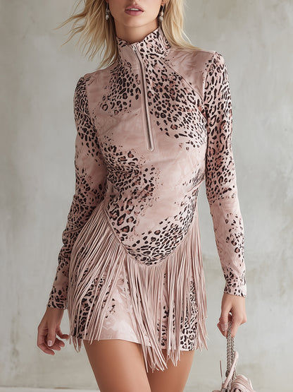 Stylish And Sexy Leopard Print Light Pink Faux Suede Fringed Mini Dress
