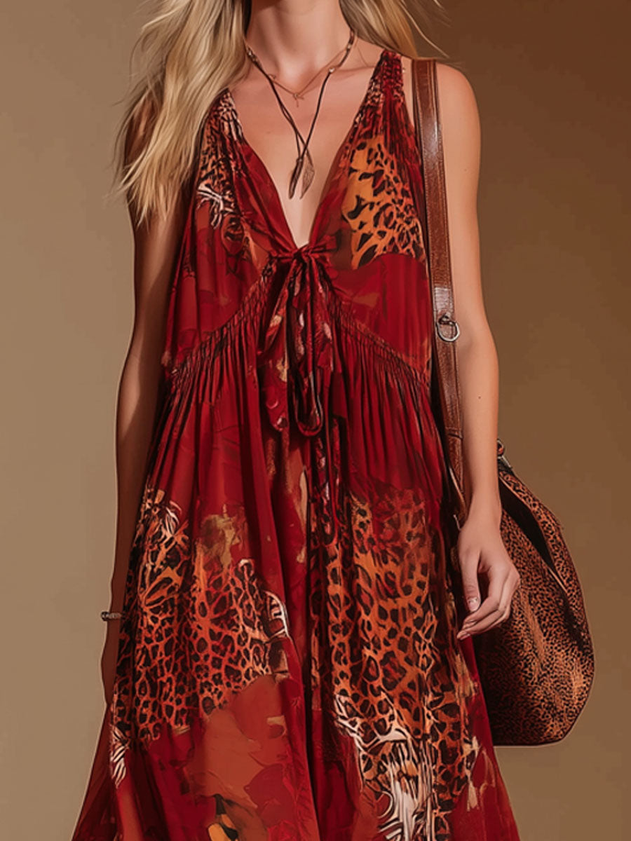 Leopard Print V-neck Chiffon Sleeveless Maxi Dress