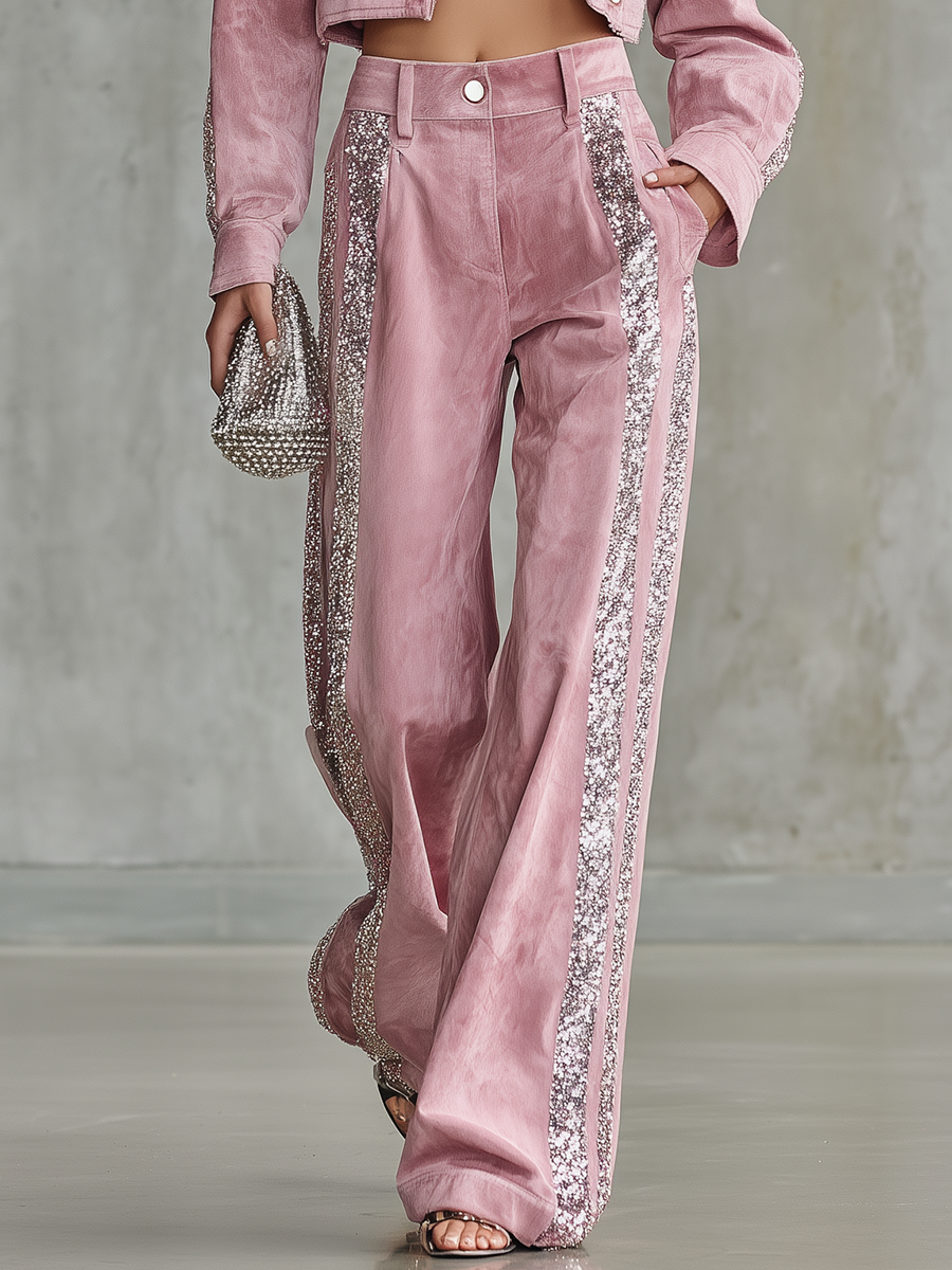 Retro-style Sequined Striped Faux Suede Wide-leg Pants