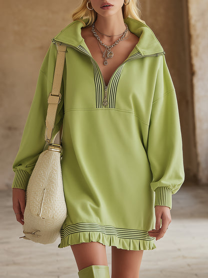 Trendy Sporty Fluorescent Green Striped Sweatshirt Mini Dress