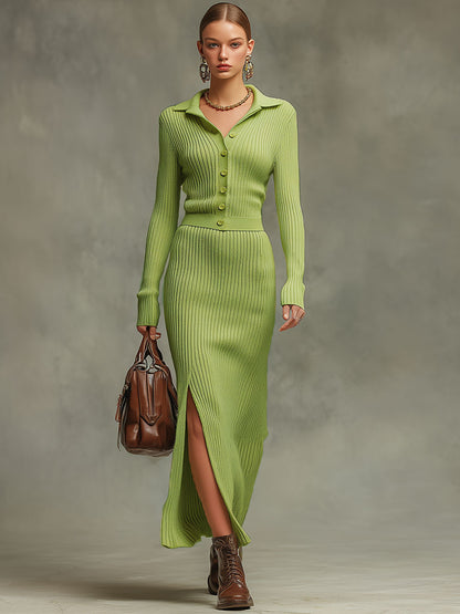 Trendy Retro Yellow-green Long-sleeved Knit Cardigan And Slit Skirt Set