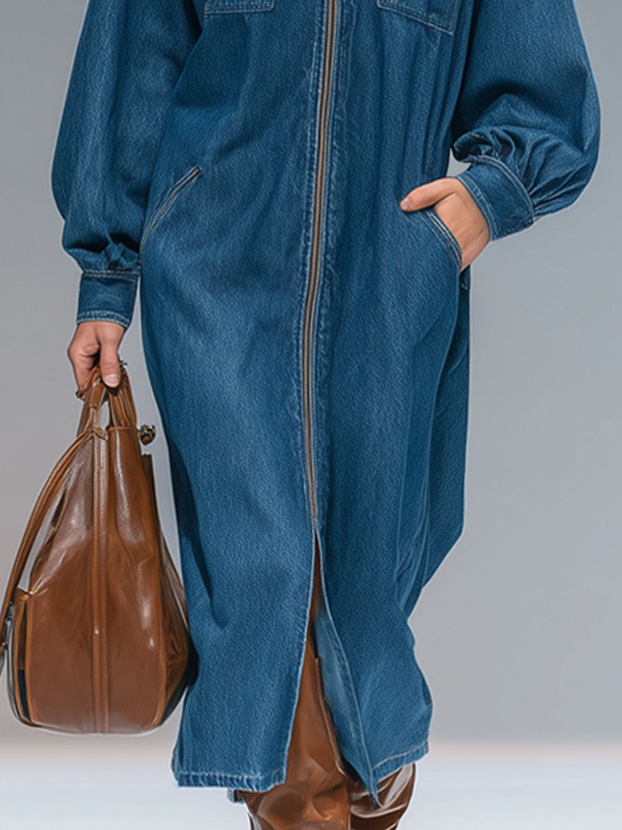 Stand-collar Multi-pocket Zip-up Denim Long-sleeved Midi Dress