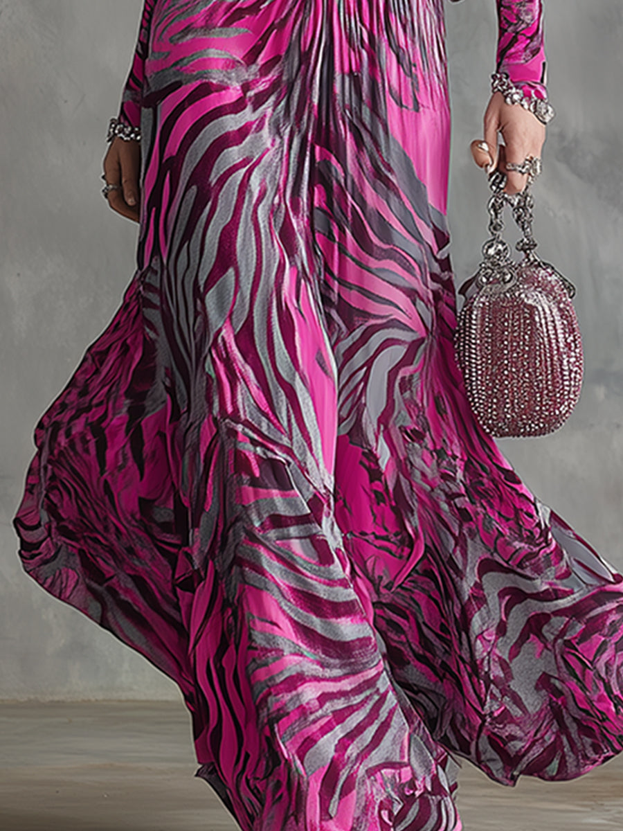 Trendy And Eye-catching Hot Pink Zebra Print Velvet Maxi Dress