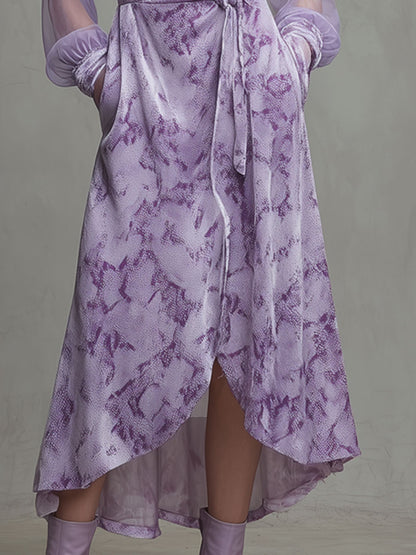 Fashionable Retro Mesh Long-sleeved Light Purple Velvet Snakeskin Maxi Dress