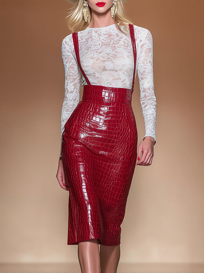 Western-style Vintage Red Crocodile-patterned Strap Skirt