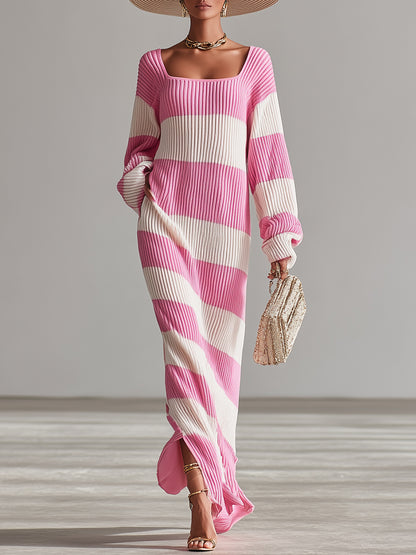 Elegant Pink And White Knit Square Neck Slit Maxi Dress