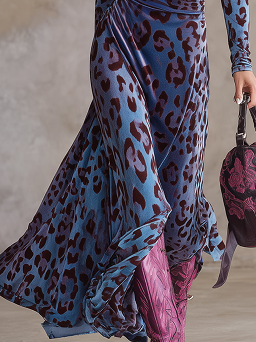 Stylish Urban Blue-Purple Leopard Print Stretch Velvet Maxi Dress