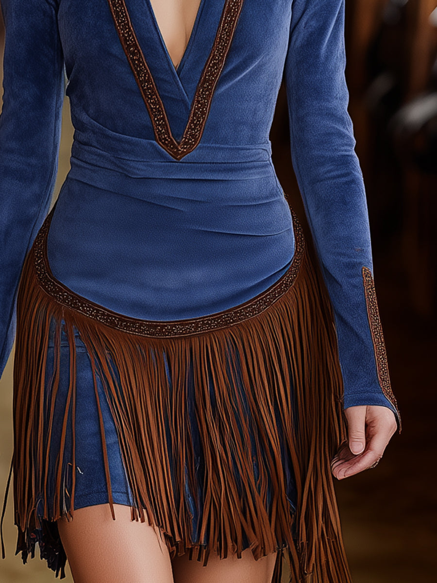 Western-style Blue Faux Suede Patchwork Brown Tassel Mini Dress