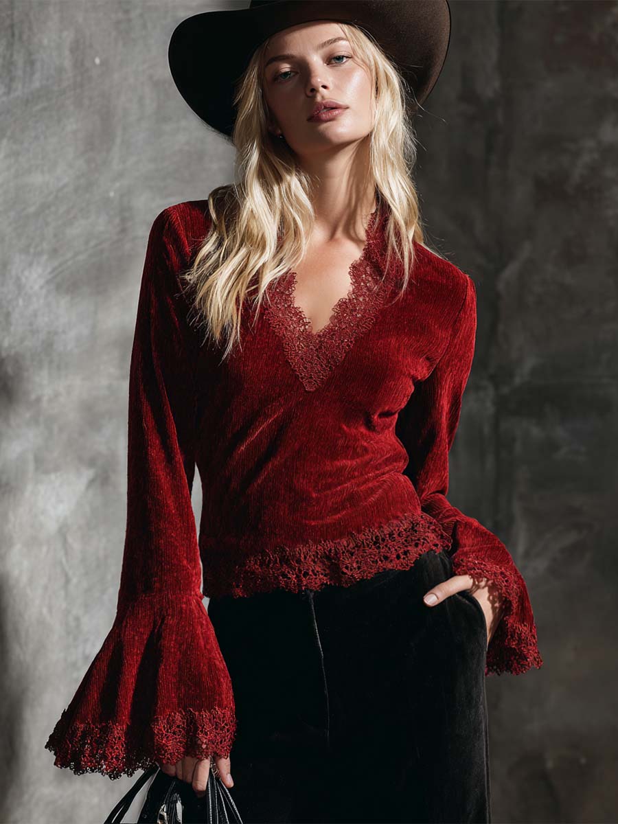 Elegant Retro And Exquisite V-neck Lace-trimmed Red Chenille Top