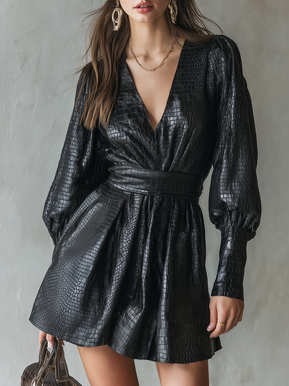 Retro-chic V-neck Faux Crocodile Leather Mini Dress