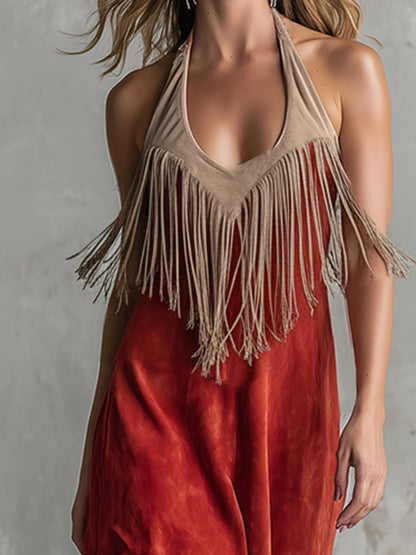 Western-style Sexy Red Faux Suede Halter Neck Backless Sleeveless Midi Dress