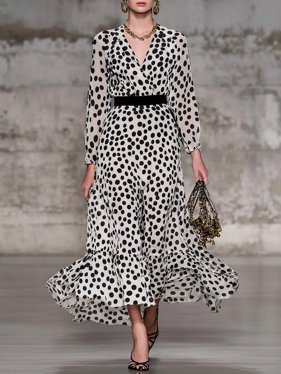 Retro Classic Black And White Polka Dot V-neck Maxi Dress
