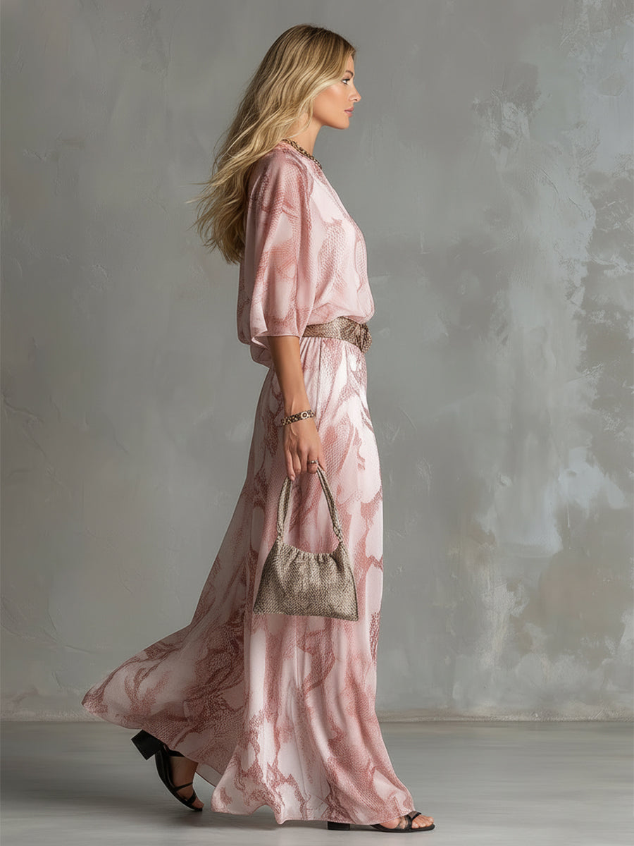 Retro Urban Style Pink Snake Print One-shoulder T-shirt And Wide-leg Pants Set