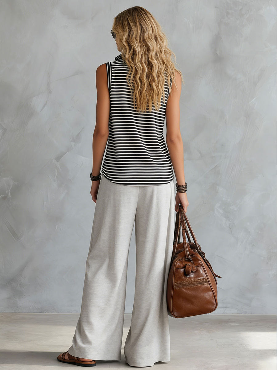 Sporty Retro Black And White Striped Half-Zip Sleeveless T-Shirt And Wide-Leg Pants Set