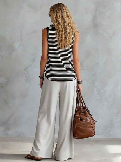 Sporty Retro Black And White Striped Half-Zip Sleeveless T-Shirt And Wide-Leg Pants Set